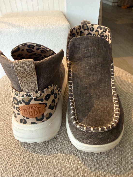 Hey Dude Shoes - Hey Dude women’s size 6 Brown Slip-On Shoes with Leopard Accent